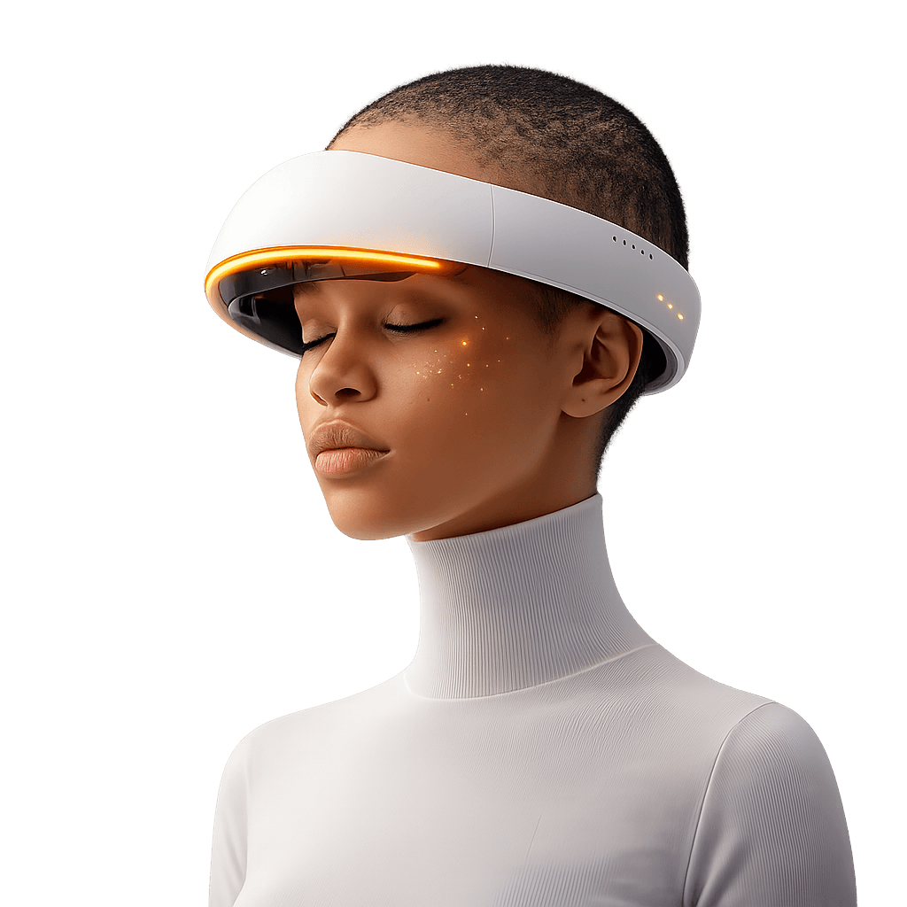 A person wearing the Talk Therapy guided-listening device